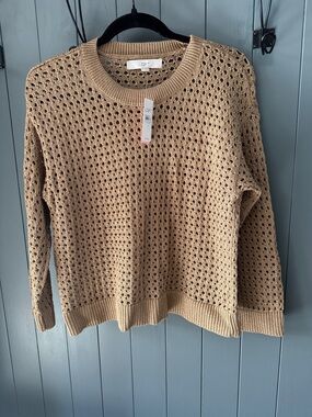 LOFT Tan with Gold  Open-Knit Crewneck Sweater
